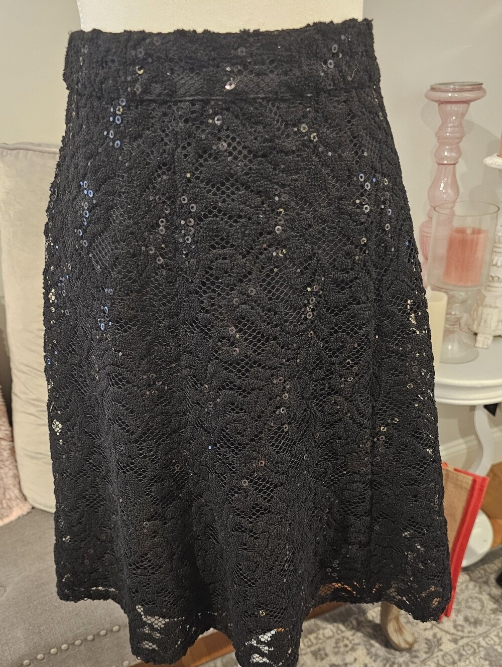 Black Lace A-Line Skirt with Sequin Detail